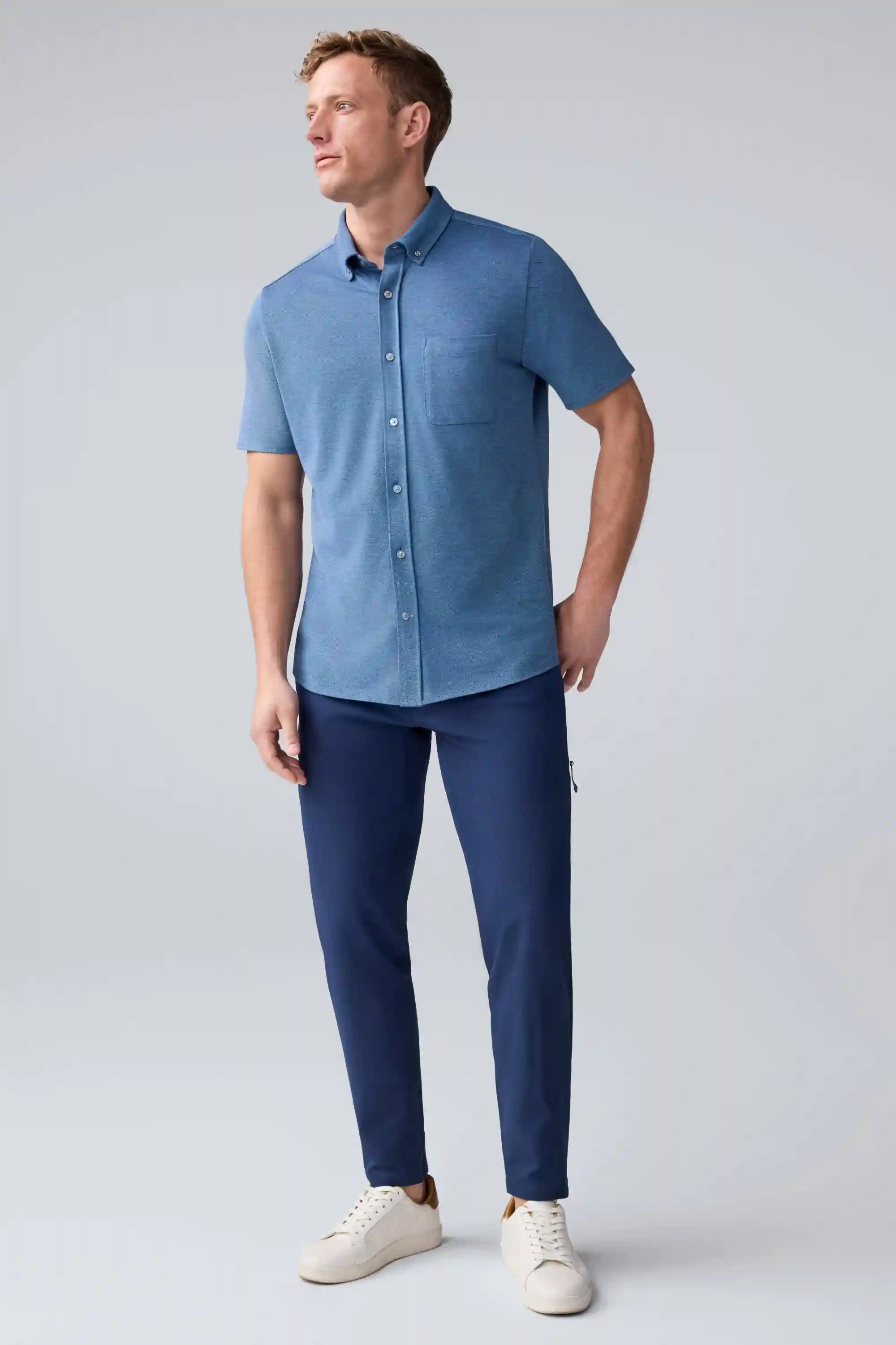 SILVER Pique Short Sleeve Button Up